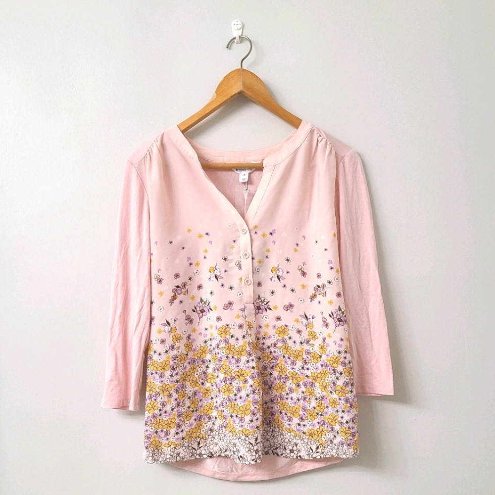 Pink Floral 3/4 Sleeve Button Up Blouse
